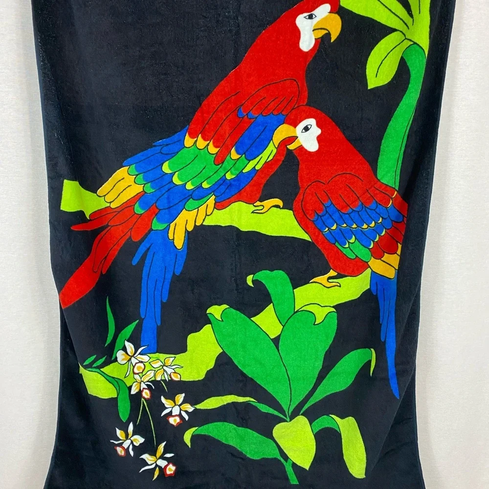 Vintage Tropical Parrot Print Black Beach Towel